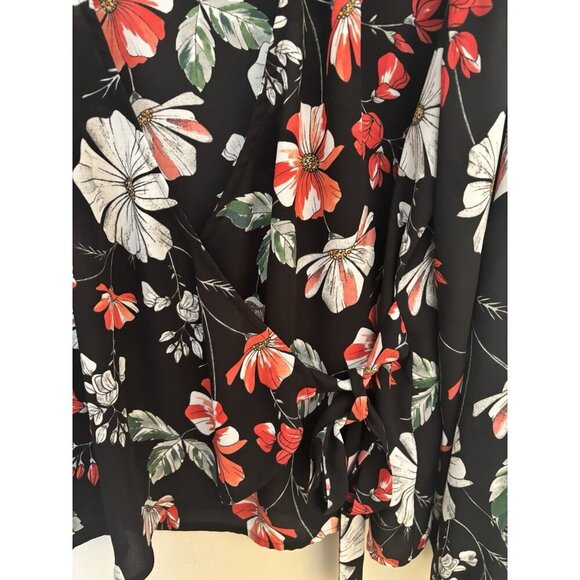 Express Womens Size M Black Floral Blouse Faux Wrap Long Sleeve - Picture 2 of 4